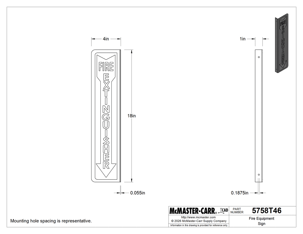 Technical Drawing of Fire Equipment Sign, Two-Way Flange-Mount, Fire Extinguisher Sign, 18" High.